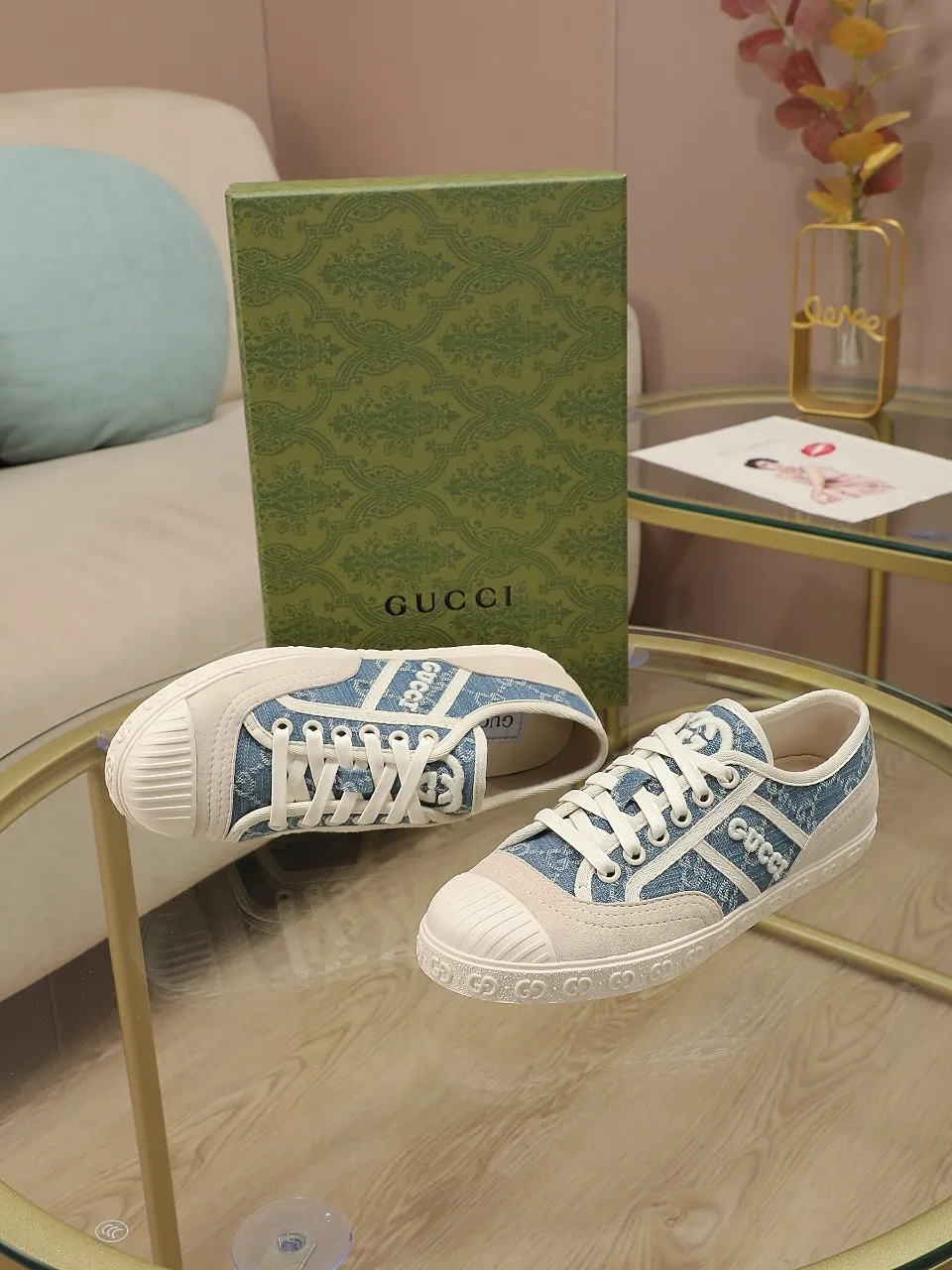👟👟Ex-factory price 420👟👟 GUCCI~24 The latest double G embroidered low-cut lace-up fashion sneakers, originally developed, the fabric is exclusive double G fabric, the upper is perfectly matched with special craftsmanship, the lining is sheepskin, rubber outsole, size 35 to 40